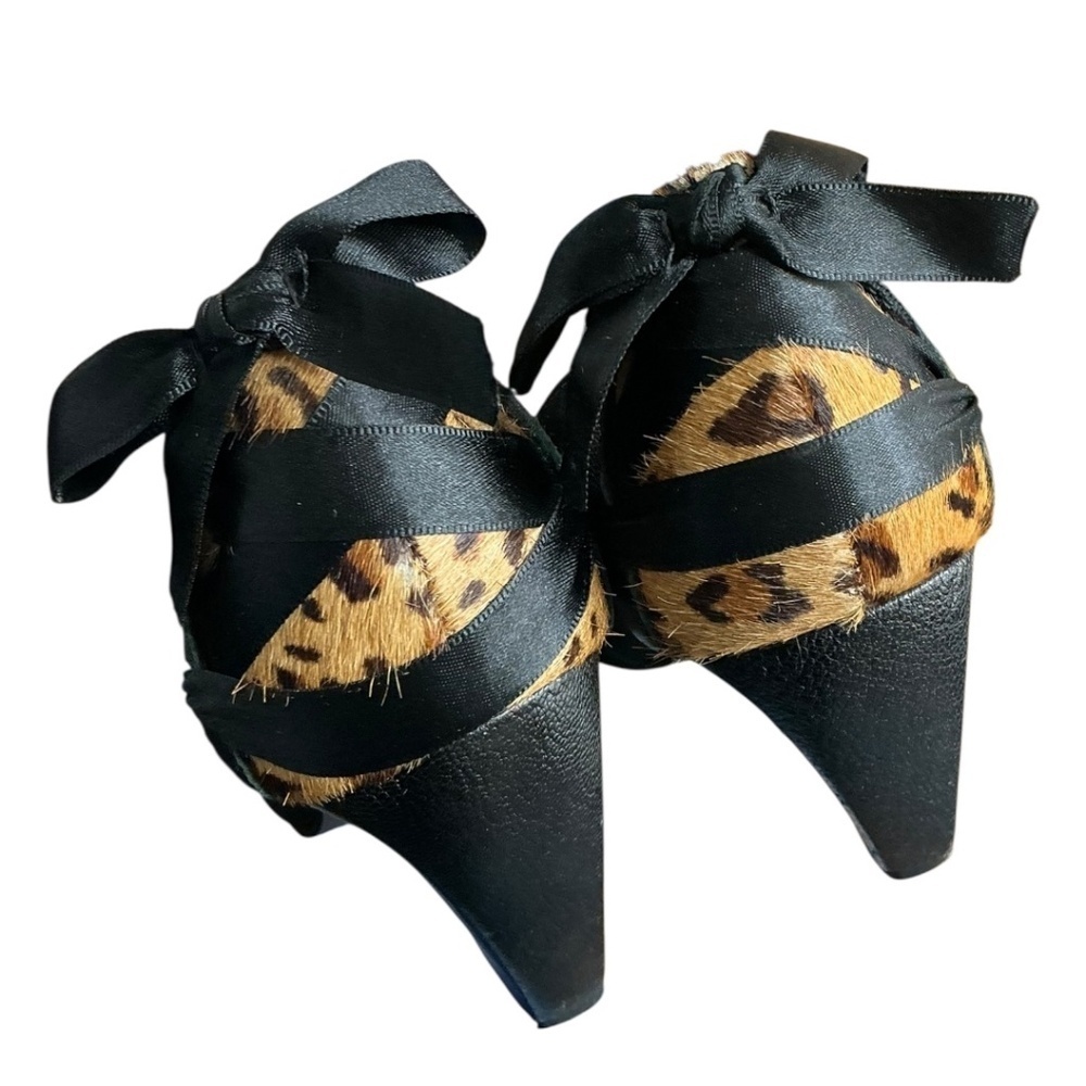 Biondini Black Leopard Calf Bow Block Heels - Picture 6 of 15